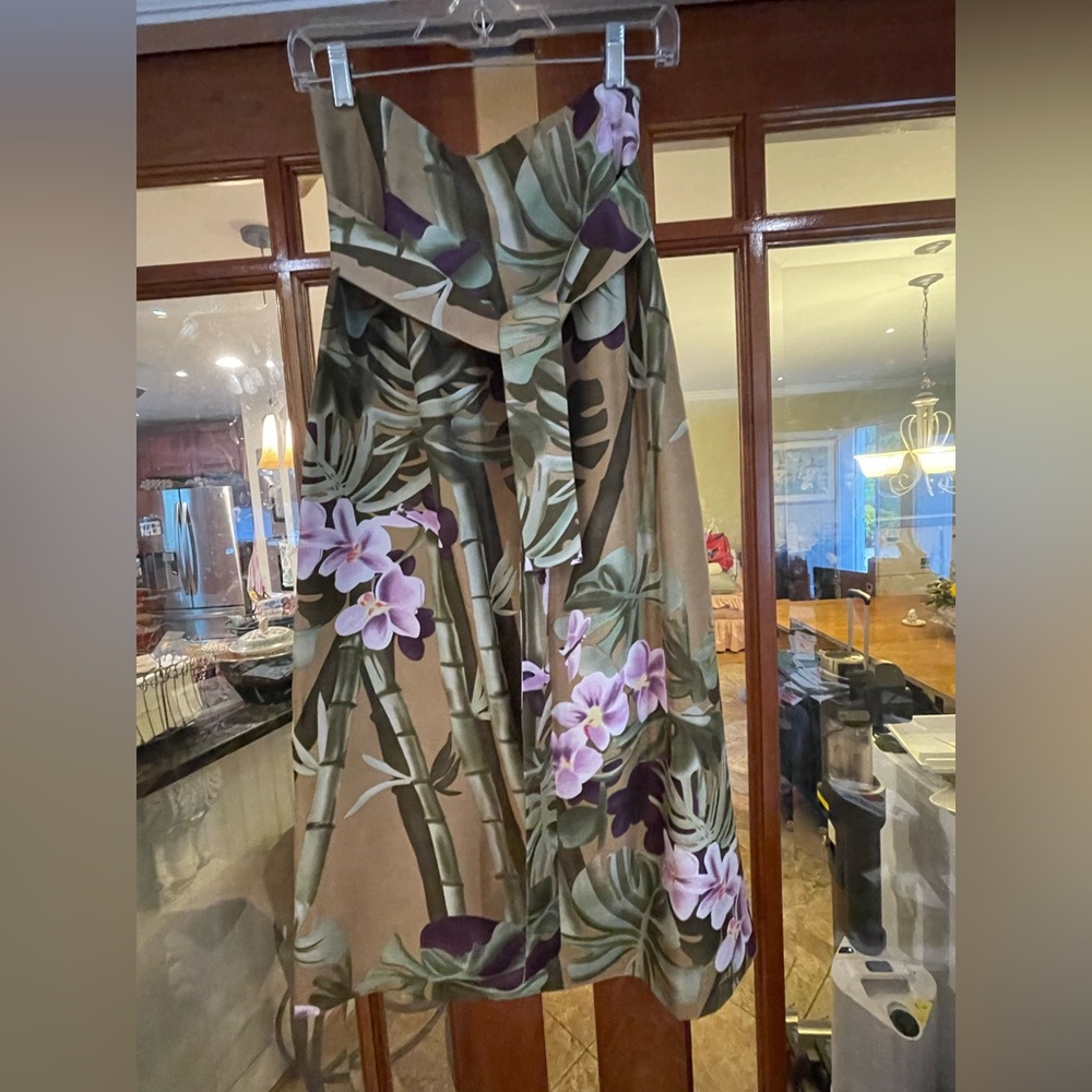 Harve Benard Holtzman Olive Green and lavender tropical print silk skirt